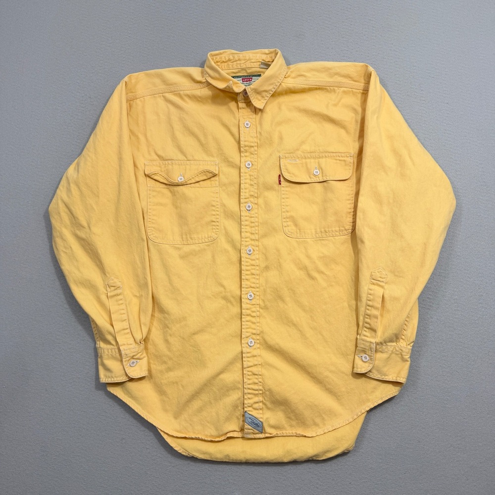 Vintage Levis Denim Button Shirt Large Yellow Two Pocket Workwear Long Sleeve